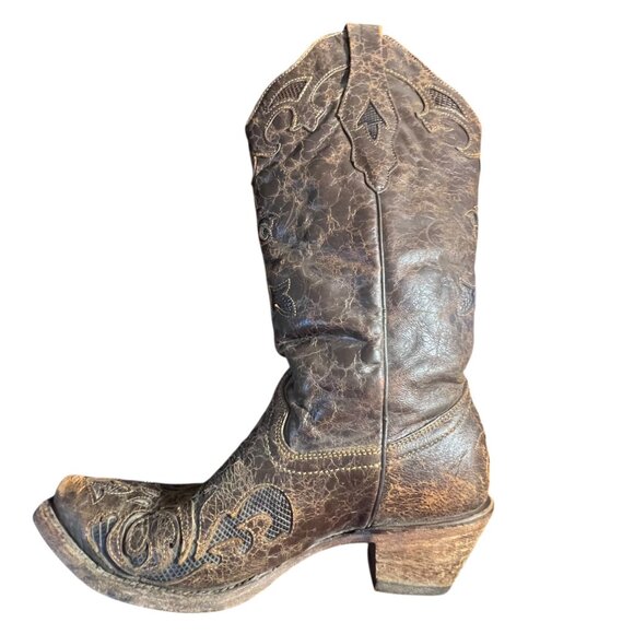 Corral Cowboy Boots Brown Exotic Goat Lizard Inlay Leather Pointed Snip Toe 8.5M - Picture 14 of 15
